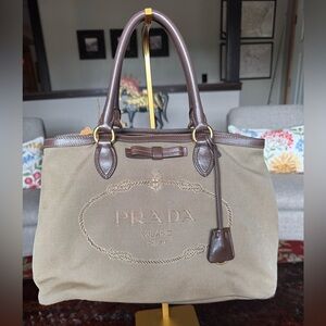 Prada Canvas and Leatget Tan and Brown Women's shoulder bag